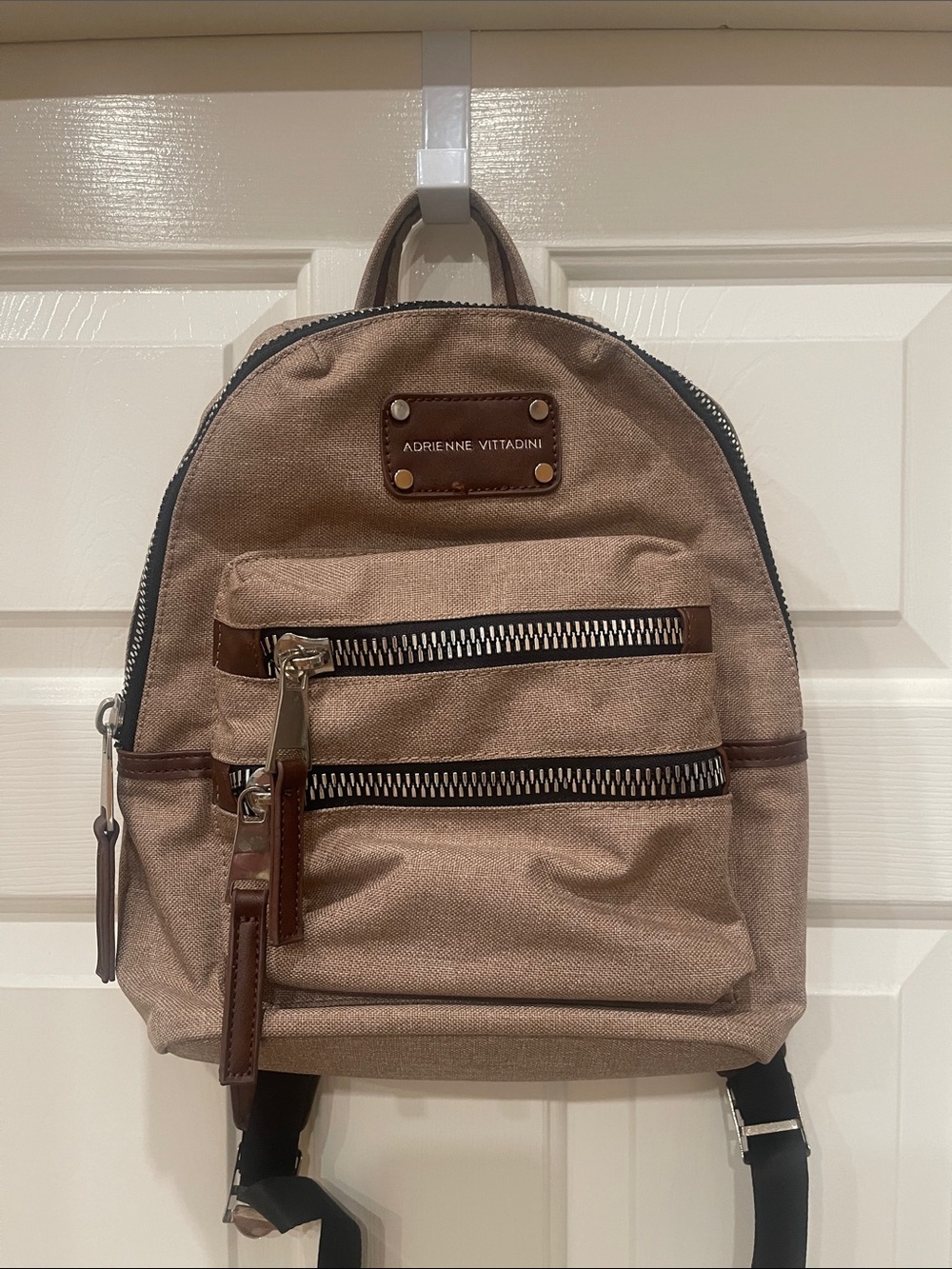 Adrienne Vittadini Tan Canvas Backpack with Brown Trim 12”W 12”H